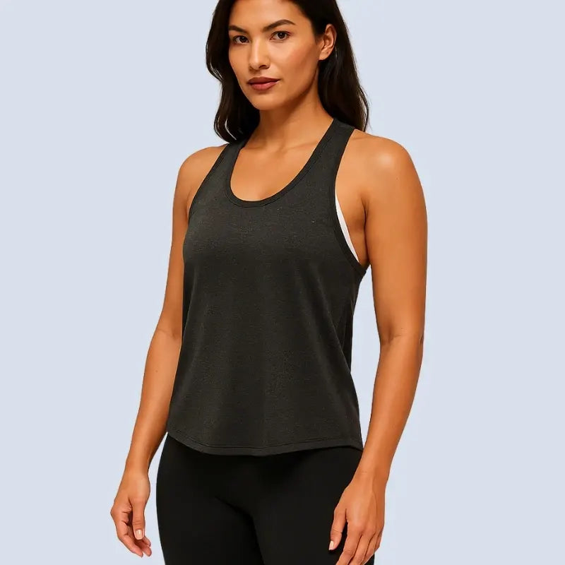 Débardeur yoga femme respirant noir – porté de face