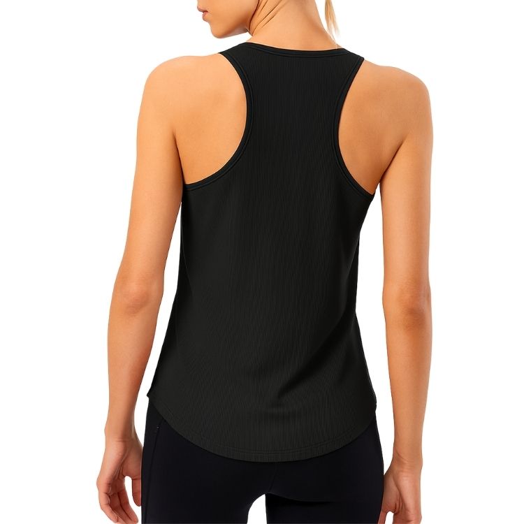Débardeur sport femme noir vu de dos, coupe nageur et tissu respirant pour l'entraînement