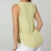 Débardeur de sport femme jaune respirant, vue arrière avec détails sur la fente latérale, idéal pour le fitness, la course et les entraînements