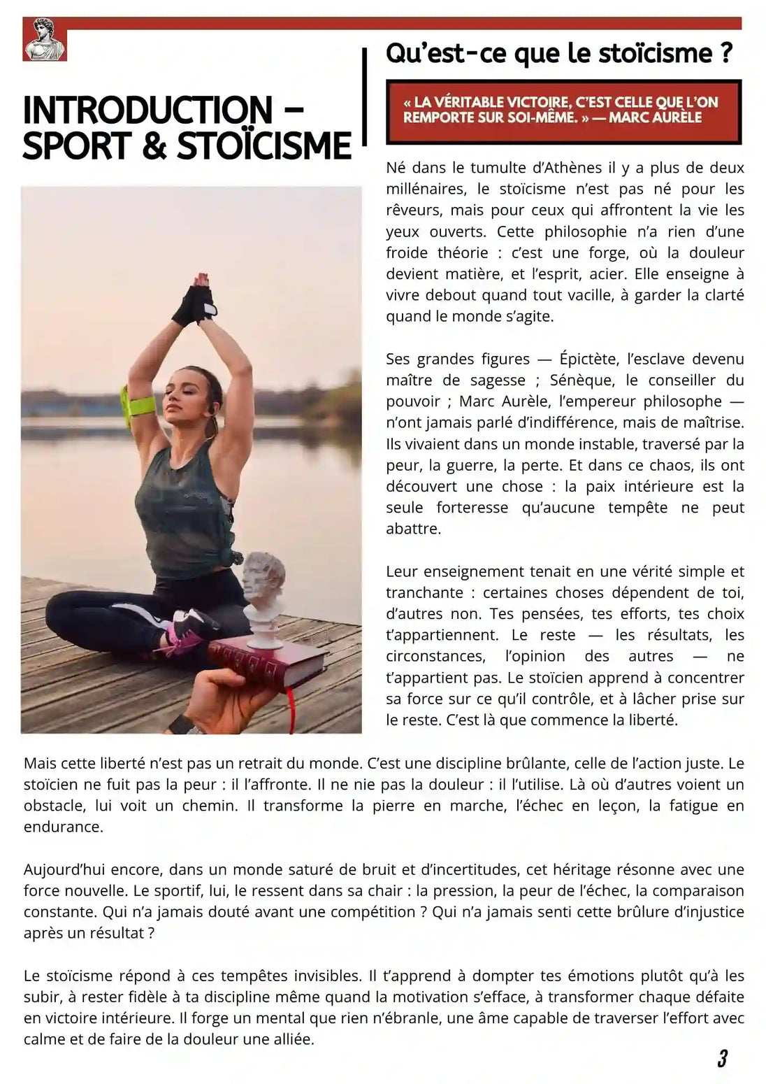 Page d’introduction du livre Sport & Stoïcisme – Forger un mental d’acier pour la victoire, montrant une sportive méditant au bord de l’eau, symbole de calme, de force intérieure et de discipline mentale.