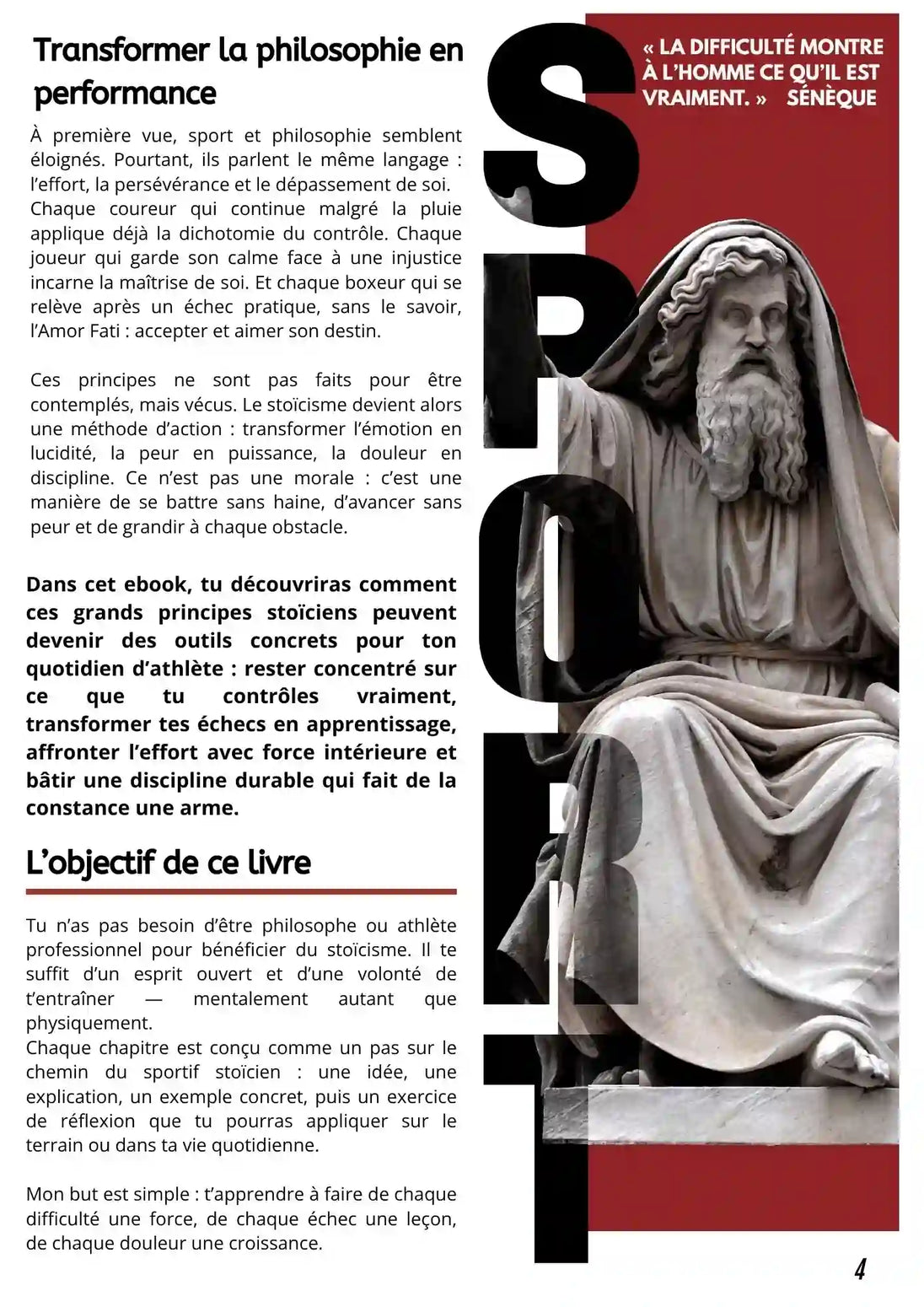 Page du livre Sport & Stoïcisme – Forger un mental d’acier pour la victoire, présentant la philosophie stoïcienne appliquée au sport, avec la citation de Sénèque « La difficulté montre à l’homme ce qu’il est vraiment », symbole de persévérance et de force intérieure.