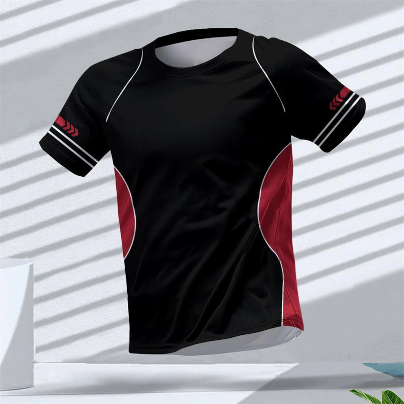 T-shirt running homme UltraRespire™ noir avec motifs rouges, tissu technique respirant et léger, coupe ergonomique, design sportif moderne.