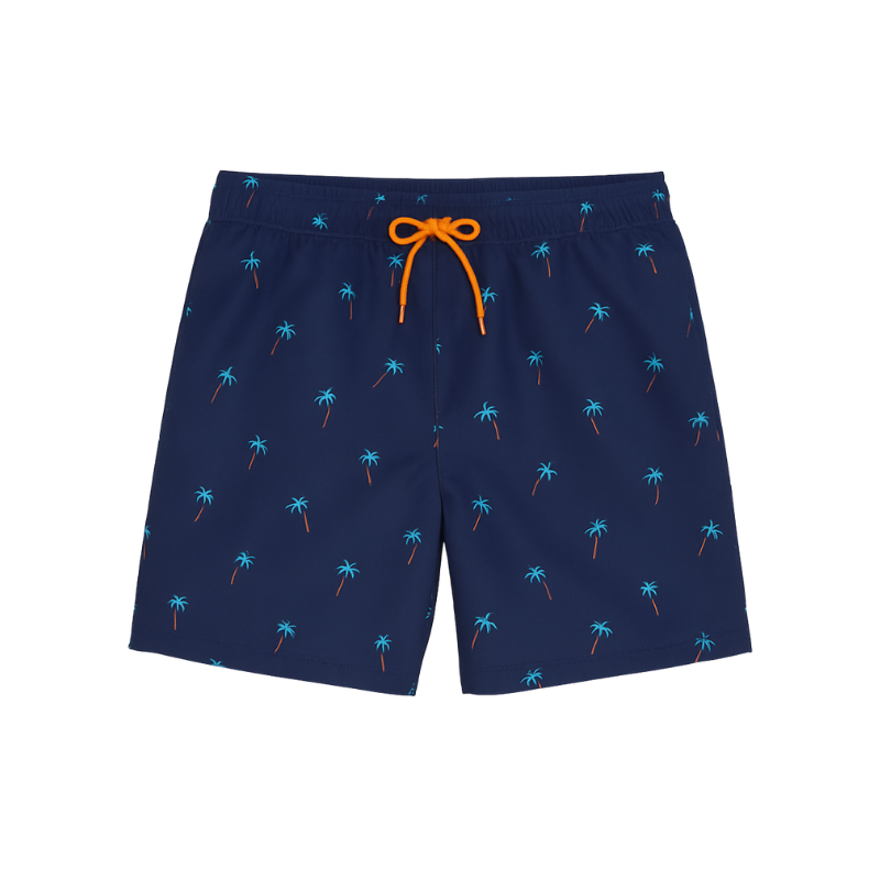 Short de bain homme bleu marine avec motifs palmiers turquoise – cordon orange fluo, style tropical
