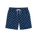 Short de bain homme bleu marine avec motifs requins bleus – coupe droite, cordon blanc ajustable