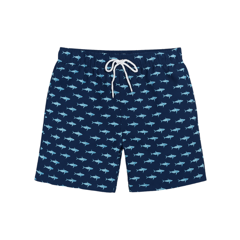 Short de bain homme bleu marine avec motifs requins bleus – coupe droite, cordon blanc ajustable