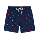 Short de bain homme bleu marine avec motifs requins rouges et blancs – tissu séchage rapide