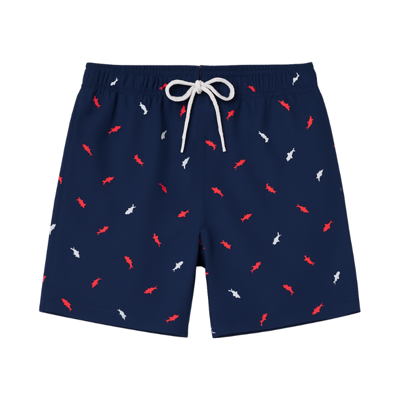 Short de bain homme bleu marine avec motifs requins rouges et blancs – tissu séchage rapide