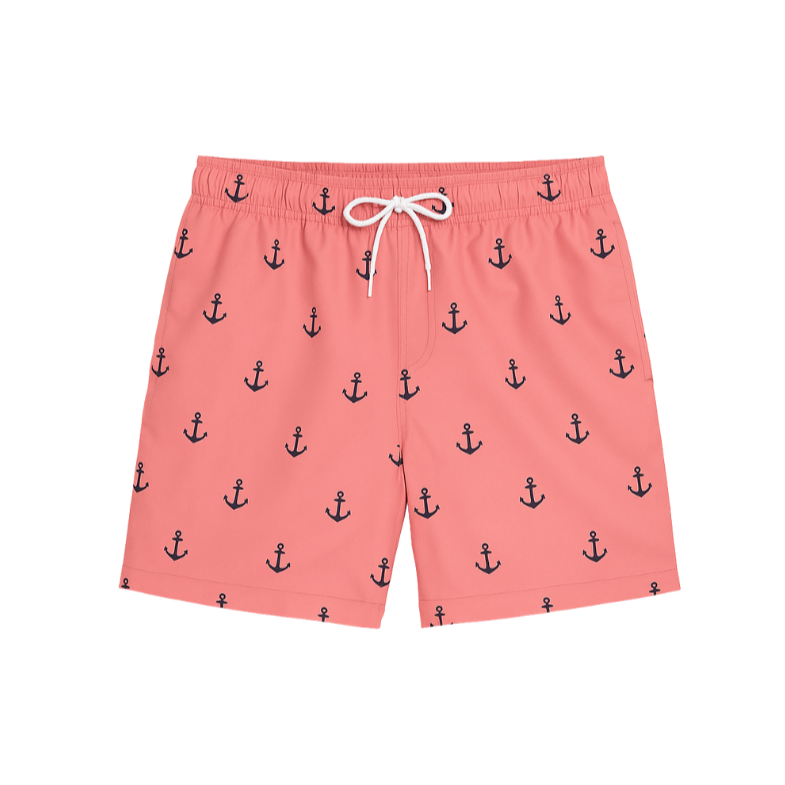 Short de bain homme corail avec motifs ancres marine – style estival, cordon blanc ajustable