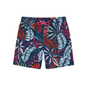 Short de bain homme à imprimé tropical multicolore – feuillage exotique, fond blanc, vue à plat
