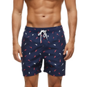 Short de bain homme bleu marine porté – motifs requins rouges et blancs, taille ajustable avec cordon