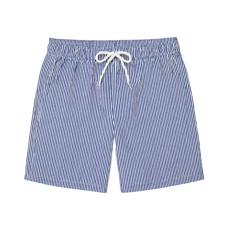 Short de bain homme à rayures bleu et blanc – style marin, coupe droite avec cordon de serrage