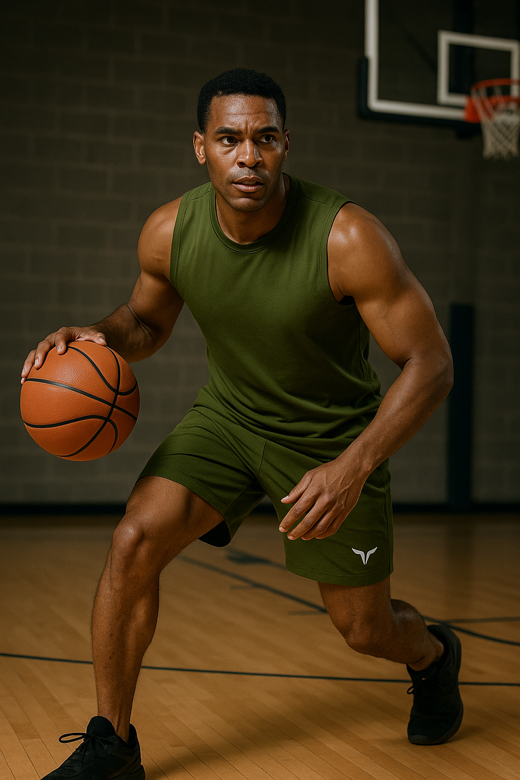 Homme jouant au basketball en short de sport vert – confort et liberté de mouvement optimale