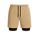 Short de sport homme 2-en-1 beige avec doublure noire intégrée, cordon de serrage ajustable, idéal pour la course à pied, le fitness et les séances de musculation