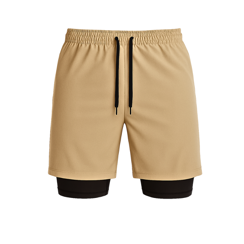 Short de sport homme 2-en-1 beige avec doublure noire intégrée, cordon de serrage ajustable, idéal pour la course à pied, le fitness et les séances de musculation