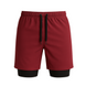 Short de sport homme 2-en-1 bordeaux avec doublure noire intégrée, cordon noir et ceinture élastique, idéal pour les séances de running, musculation et entraînements fonctionnels