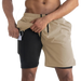 Short de sport 2-en-1 pour homme, coloris beige, avec poche intégrée pour téléphone sur le cuissard intérieur noir, idéal pour l'entraînement