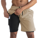 Short de sport 2-en-1 pour homme, coloris beige, avec poche intégrée pour téléphone sur le cuissard intérieur noir, idéal pour l'entraînement