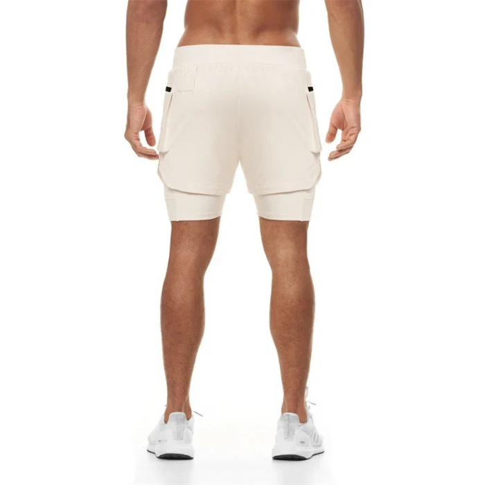 Short sport homme ECET blanc – vue arrière complète portée, maintien musculaire optimal et coupe ergonomique.