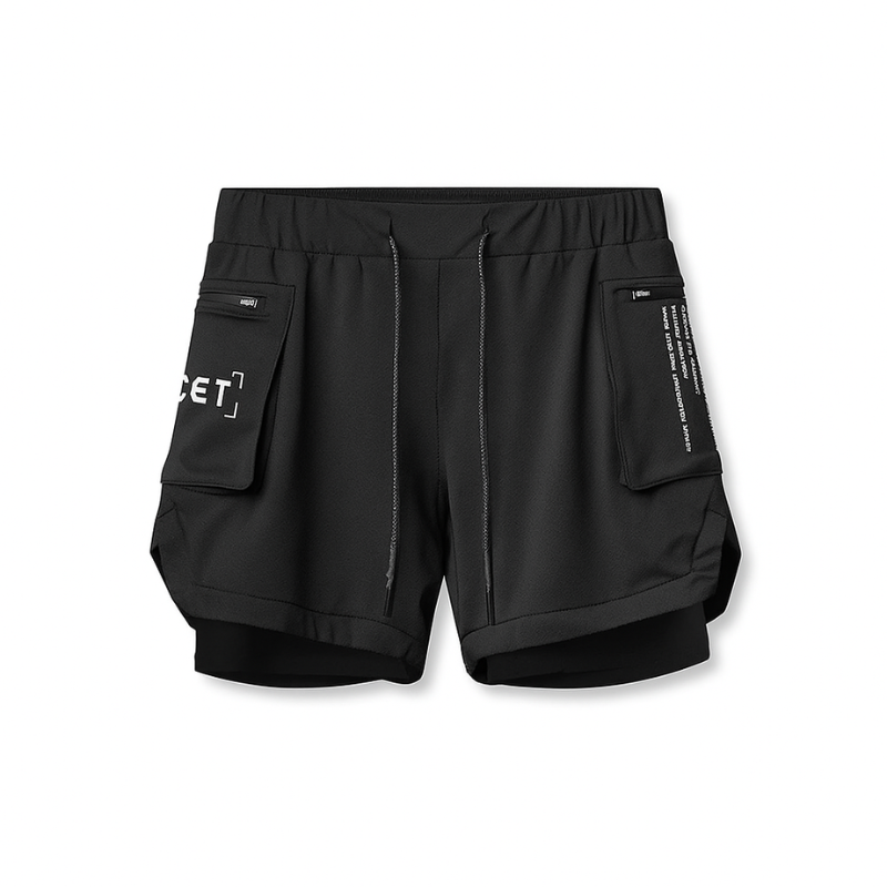 Short sport homme ECET noir – vue à plat avec cuissard intégré, design fonctionnel et performance technique.