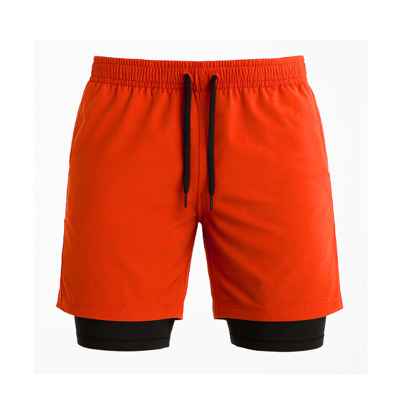 Short de sport 2-en-1 pour homme, coloris orange vif, avec cuissard intérieur noir intégré pour maintien et confort pendant l'entraînement