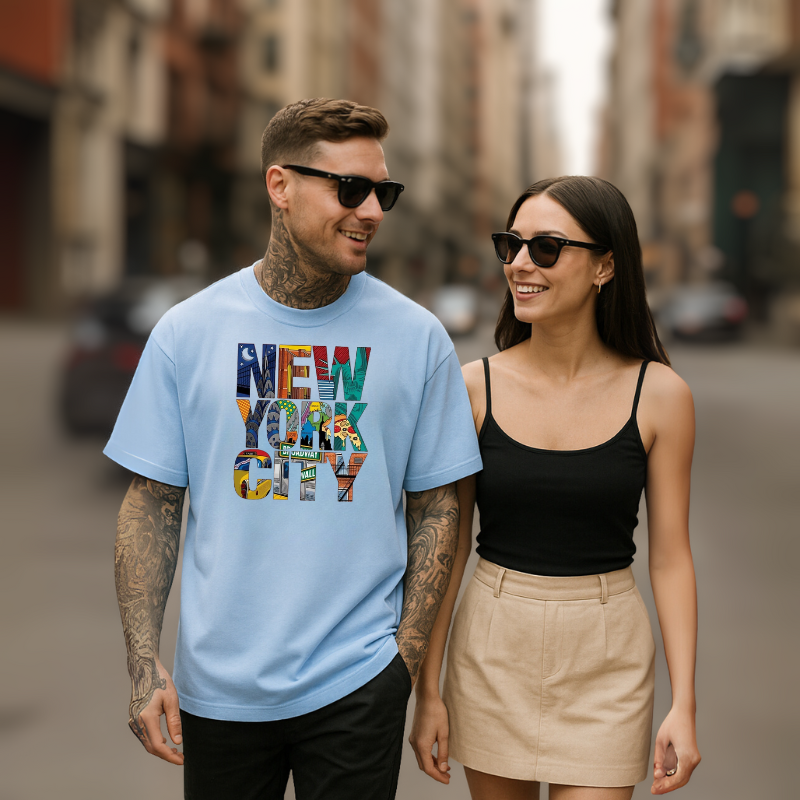Homme et femme portant le t-shirt NEW YORK CITY bleu ciel – ambiance lifestyle en duo