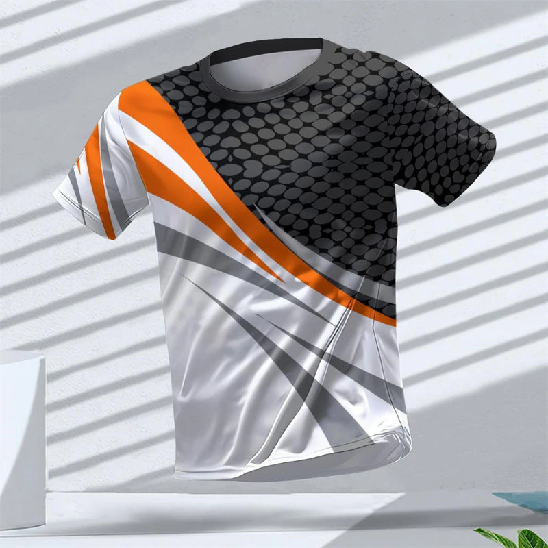 T-shirt running homme UltraRespire™ blanc, orange et noir avec motifs graphiques modernes, tissu technique respirant et léger, design premium.