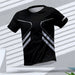 T-shirt running homme UltraRespire™ noir avec motifs gris et blanc, tissu technique respirant et léger, coupe ergonomique, design sportif moderne.