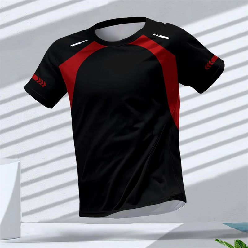T-shirt running homme UltraRespire™ noir avec motifs rouges, tissu technique respirant et léger, coupe ergonomique, design sportif moderne.
