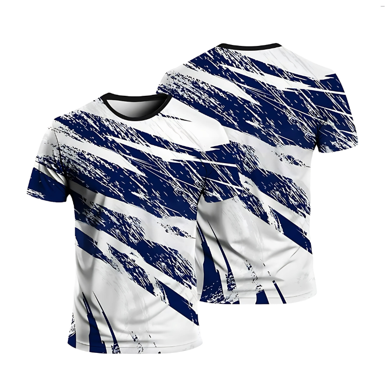 T-shirt sport homme UltraDry bleu marine et blanc, motif graphique moderne, vue face et dos, tissu respirant idéal pour running, fitness et musculation.