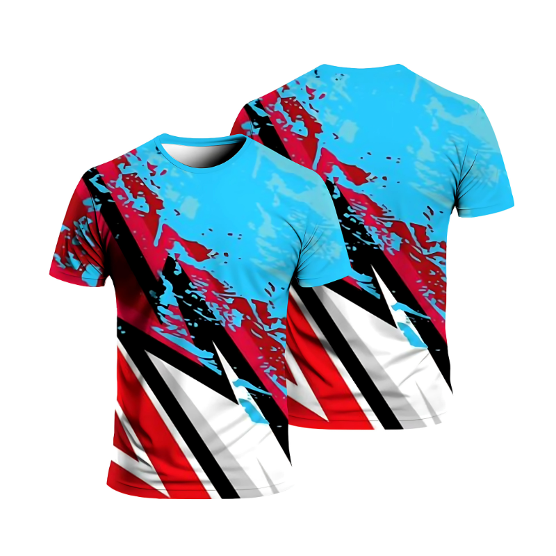 T-shirt sport homme graphique bleu rouge et blanc, tissu technique respirant, séchage rapide, coupe ergonomique, idéal running, musculation, fitness, vue avant et arrière.