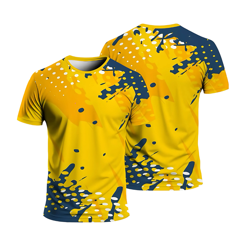 T-shirt de sport homme UltraDry jaune, motif graphique – vue face et dos, tissu respirant, idéal running, musculation, fitness.