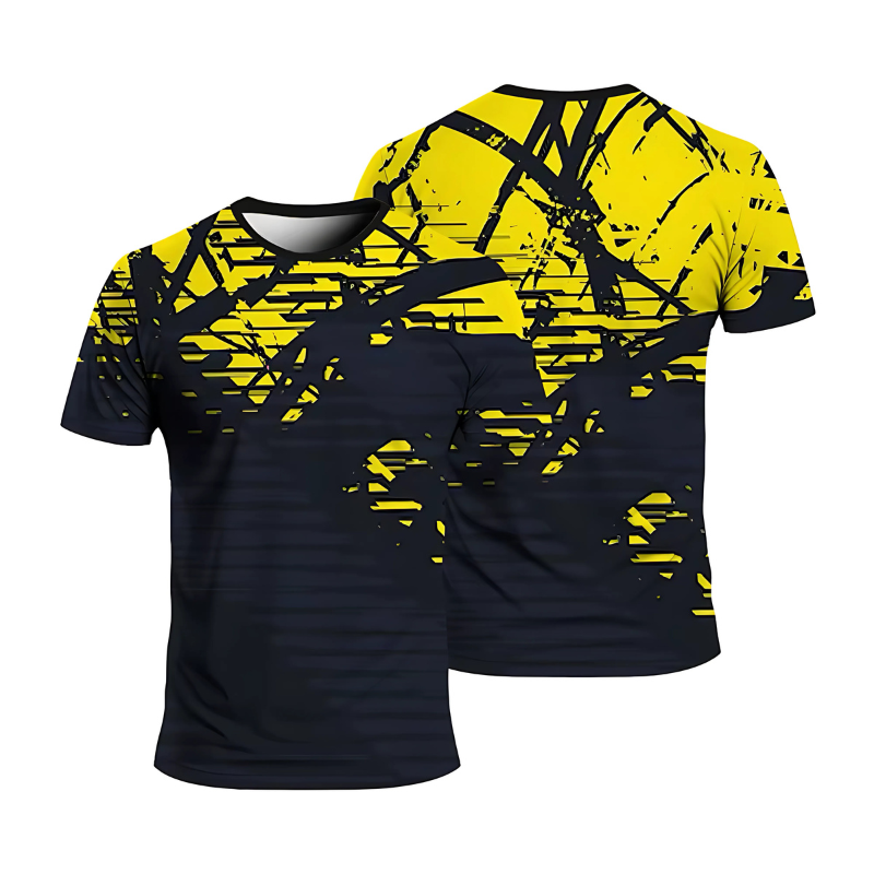 T-shirt sport homme, design graphique noir et jaune, tissu technique respirant, séchage rapide, coupe ergonomique, idéal musculation, running, fitness, vue avant et arrière.