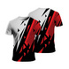 T-shirt sport homme, design graphique rouge noir et blanc, coupe technique, tissu respirant, séchage rapide, idéal musculation, running et entraînement fitness, vue face et dos.