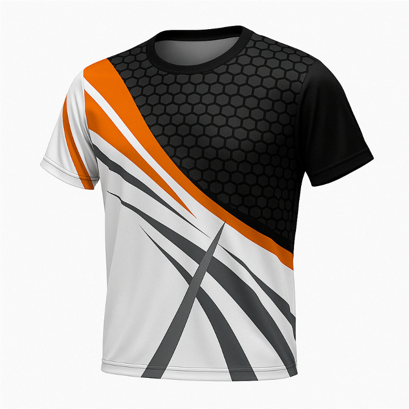 T-shirt sport homme UltraRespire™ blanc, orange et noir, design graphique technique, photo studio sur fond blanc.