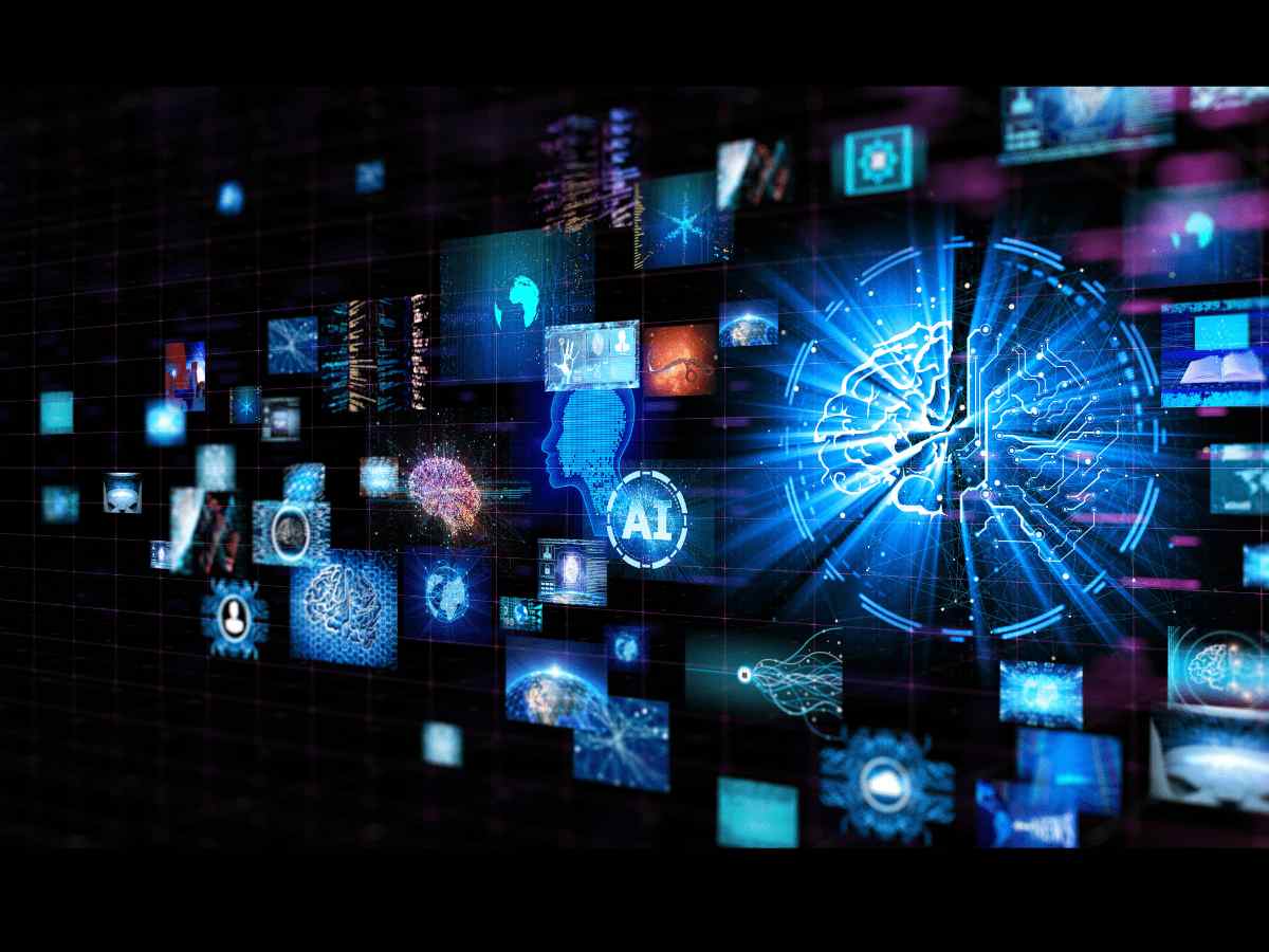 Illustration numérique représentant un réseau d’icônes technologiques, symbolisant les e-books, contenus digitaux et ressources en ligne.
