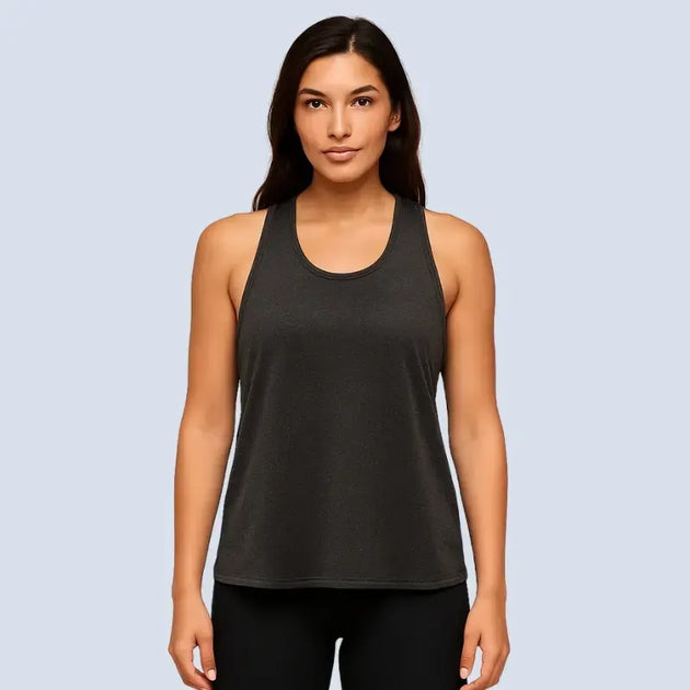 Débardeur yoga femme respirant noir – porté de face
