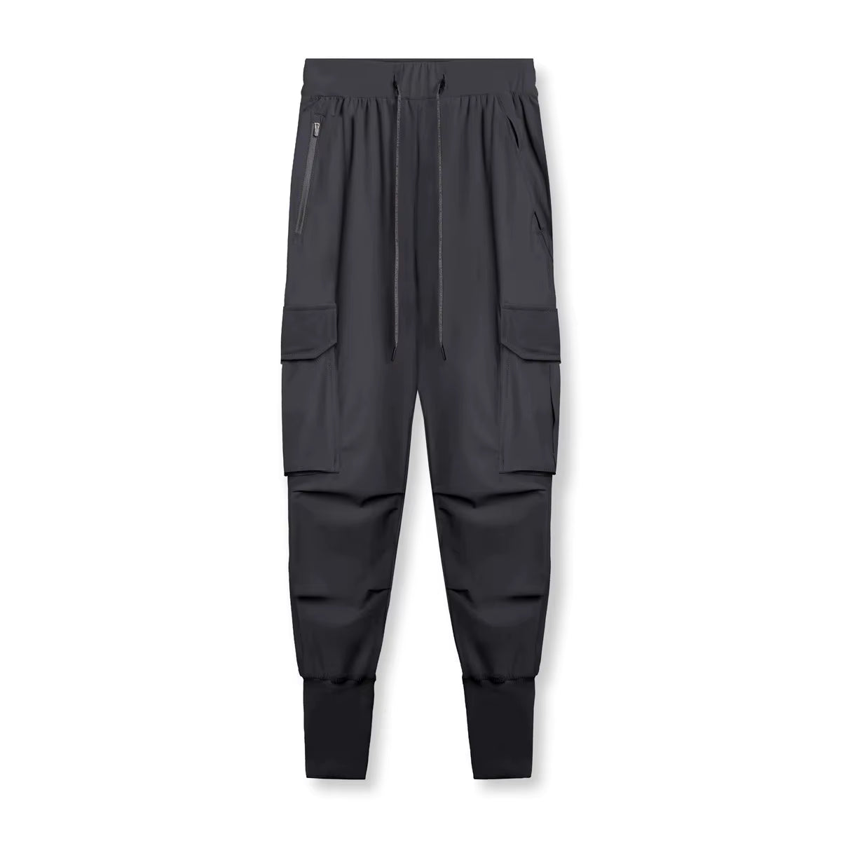 Pantalon running homme Noir Anthracite conçu en tissu technique stretch nylon & spandex. Sa coupe ajustée tapered, ses poches cargo fonctionnelles et son bas élastiqué offrent maintien, mobilité et style minimaliste en training urbain.

