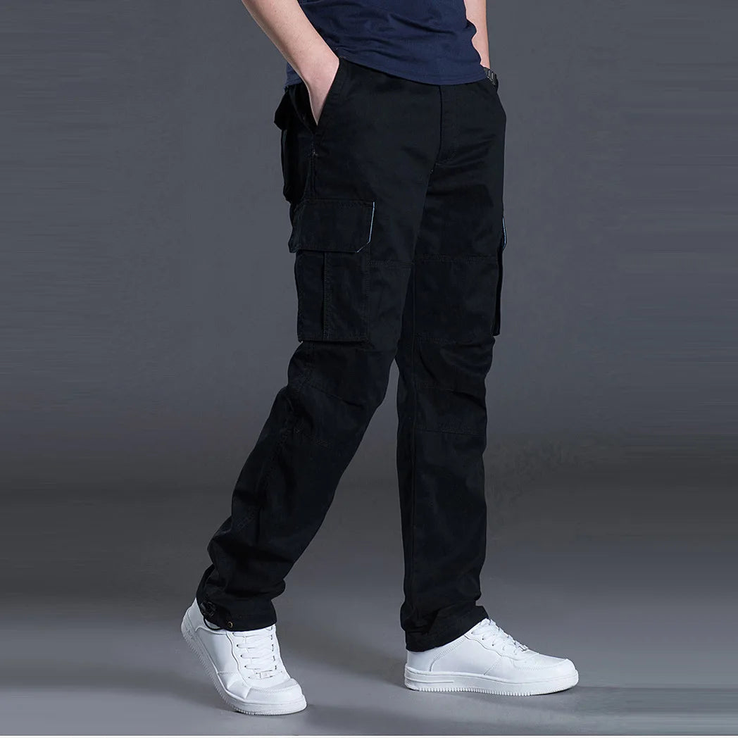 Pantalon cargo homme noir en coton style tactique avec poches latérales, pantalon confortable pour randonnée, travail et usage quotidien