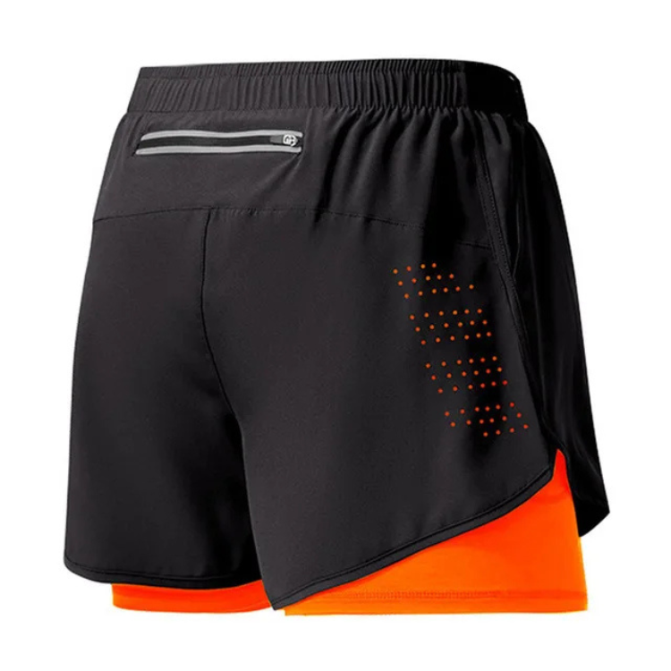 Short de sport homme noir et orange – Coupe 2-en-1 avec poche arrière invisible