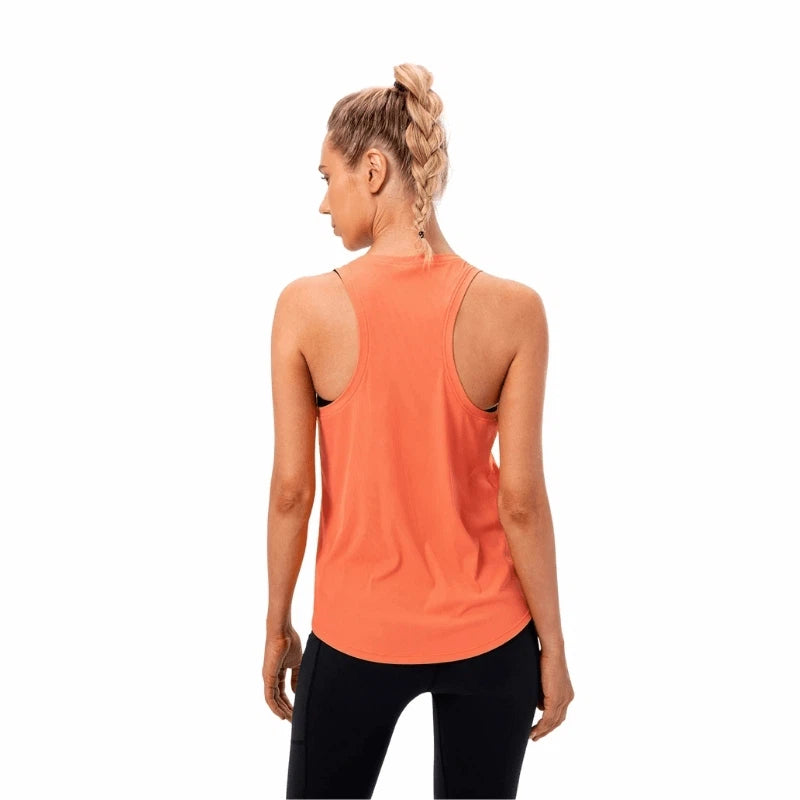 Vue arrière débardeur fitness femme orange - confort stretch entraînement