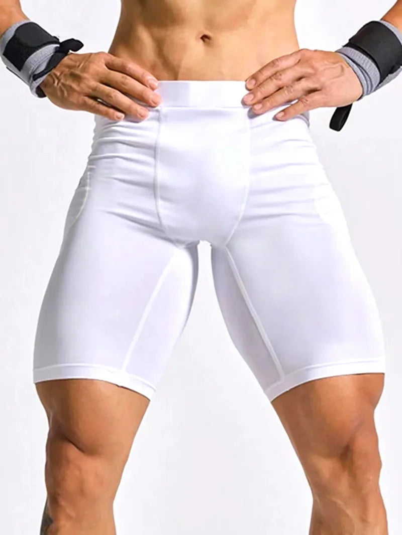 Cuissard running homme blanc en polyester technique, short sport compression ajusté pour fitness et musculation