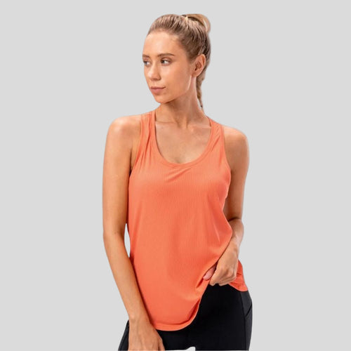 Débardeur sport femme orange respirant, idéal pour le fitness, le yoga ou la course à pied
