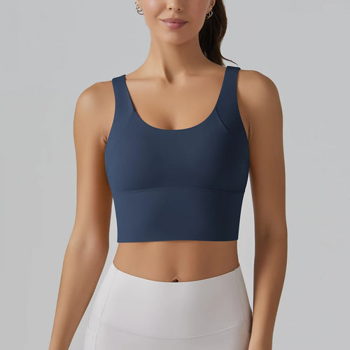 Débardeur de sport femme couleur Deep Navy, maintien gainant et tissu respirant, vue de face.