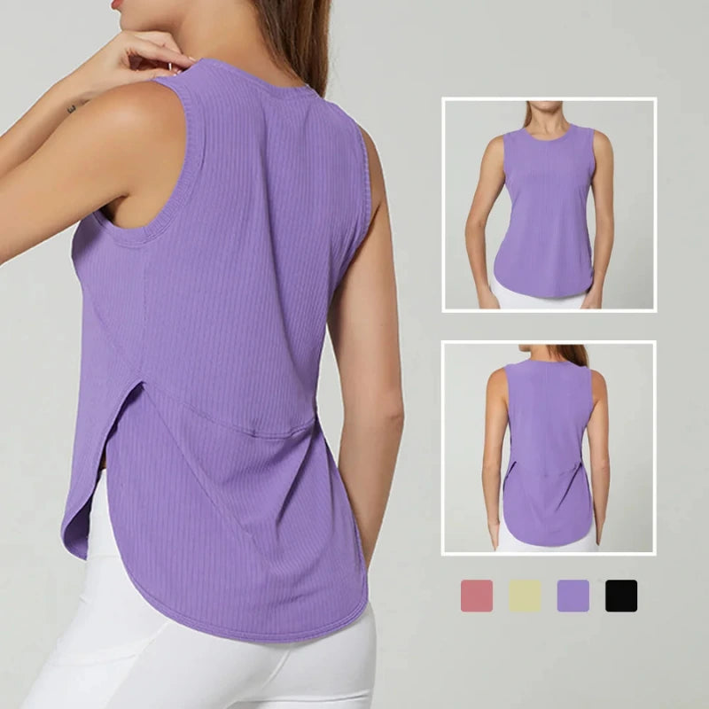 Débardeur de sport femme violet respirant, vue de côté et aperçu avant-arrière, idéal pour le fitness, le yoga et les entraînements