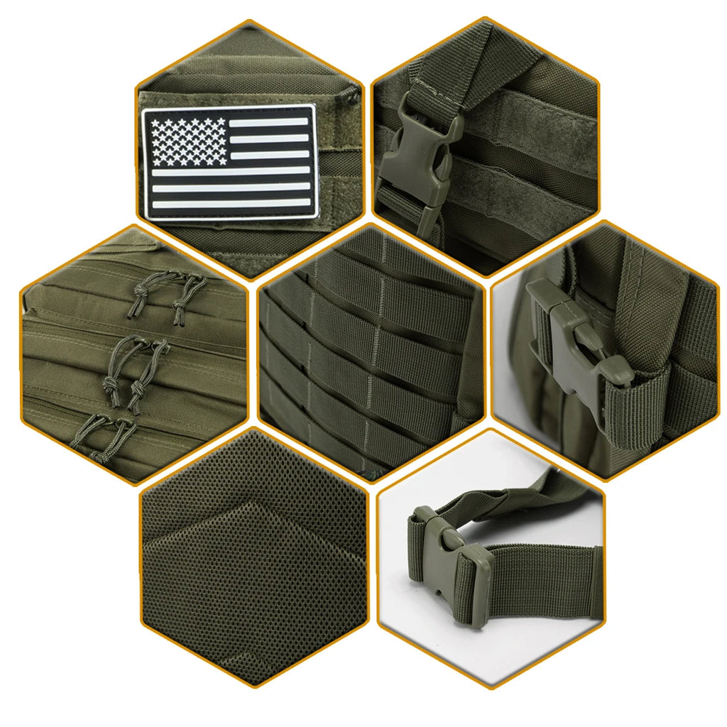 Détails sac à dos tactique 45L système MOLLE fermetures robustes sangles réglables et tissu résistant