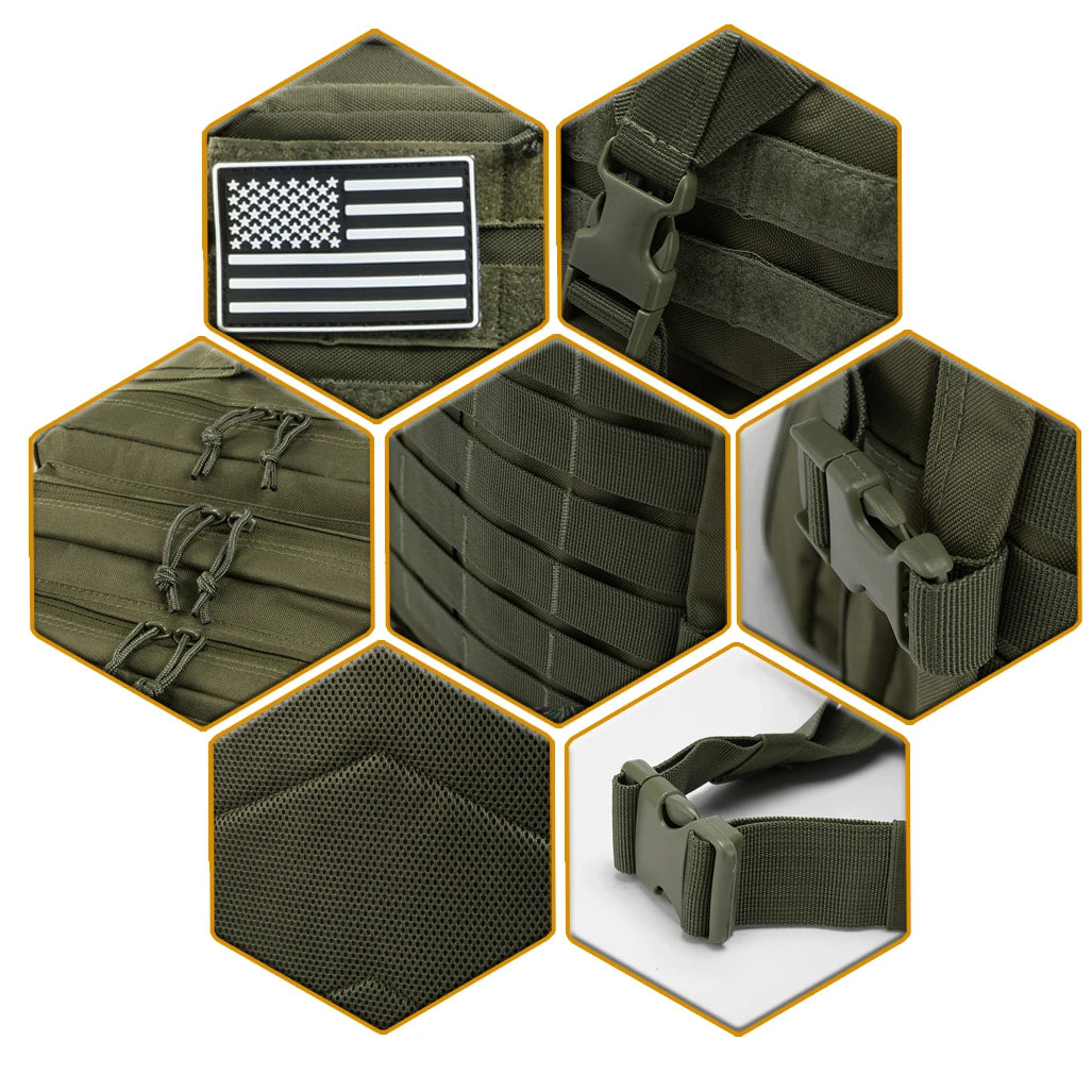 Détails sac à dos tactique 45L système MOLLE fermetures robustes sangles réglables et tissu résistant