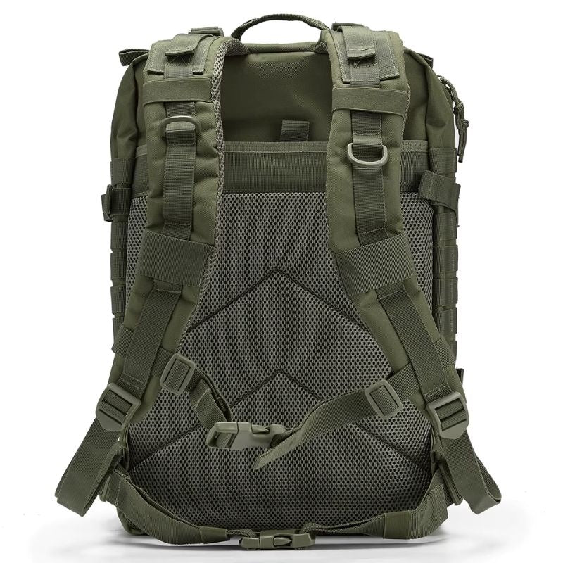 Dos du sac à dos tactique 45L vert avec bretelles rembourrées dos respirant et sangles réglables pour randonnée trekking