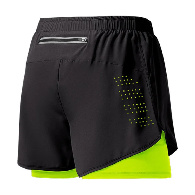 Short de running homme 2-en-1 noir et vert fluo – Poche smartphone arrière, respirant et technique