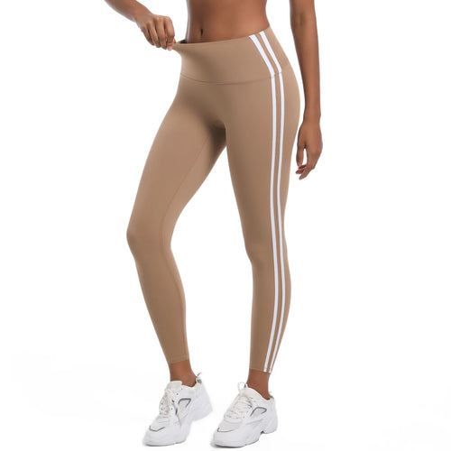 Legging de sport femme beige sable taille haute avec bandes latérales et coupe ajustée

