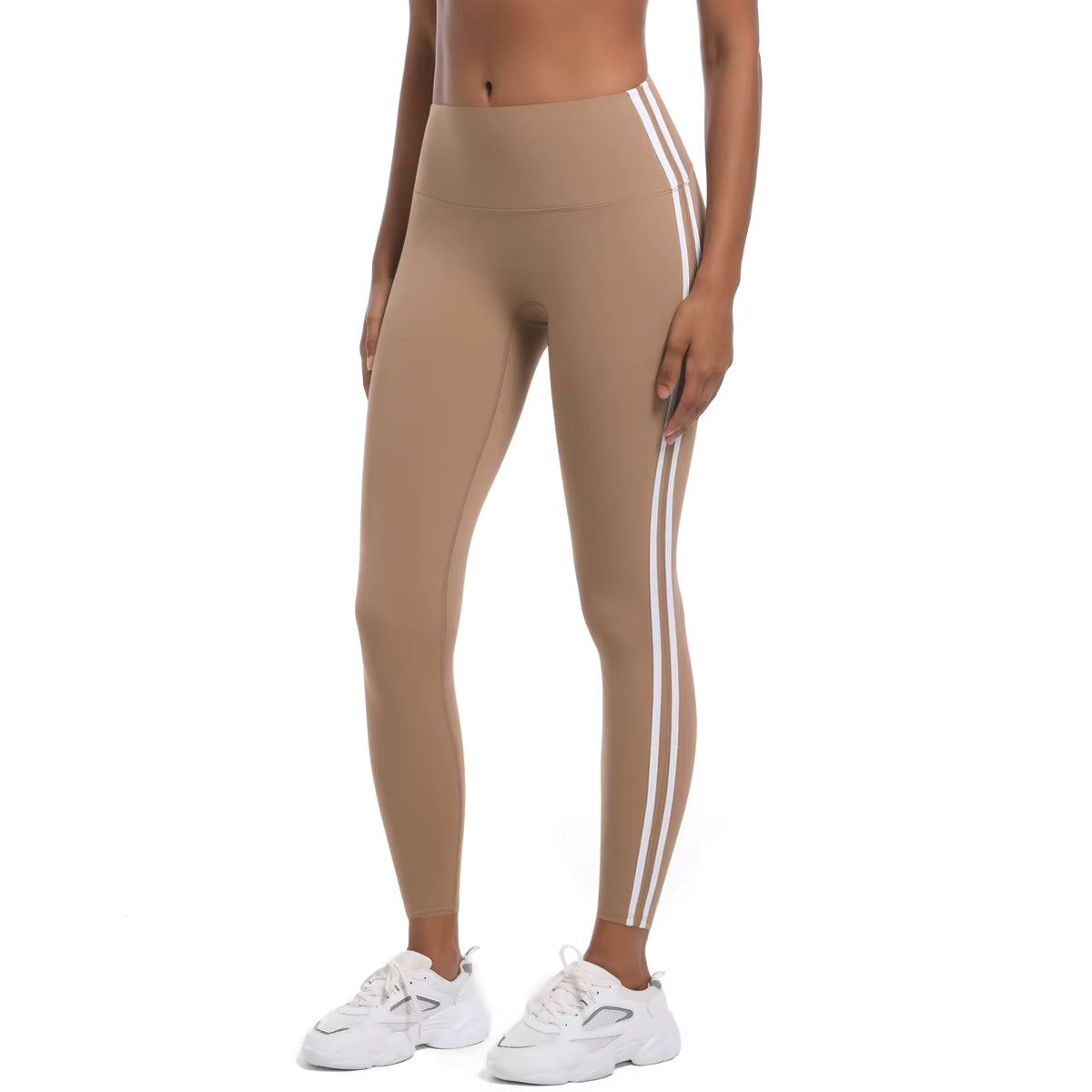 Legging de sport femme beige sable vue arrière avec taille haute et bandes latérales
